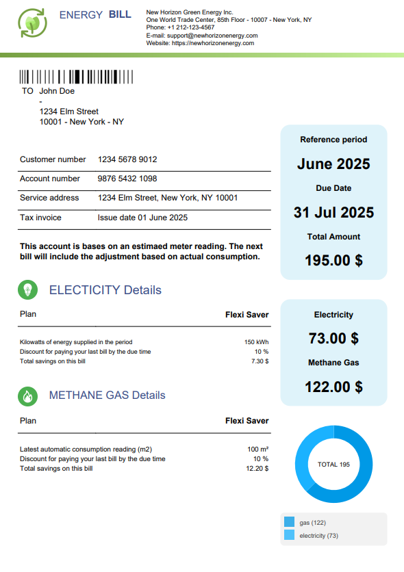 Example 04 - Energy bill with consumption details and ring chart